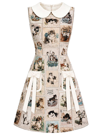 Beige 60er Kleid mit Katzen-Postkarten-Print und Peter-Pan-Kragen