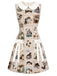 Beige 60er Kleid mit Katzen-Postkarten-Print und Peter-Pan-Kragen