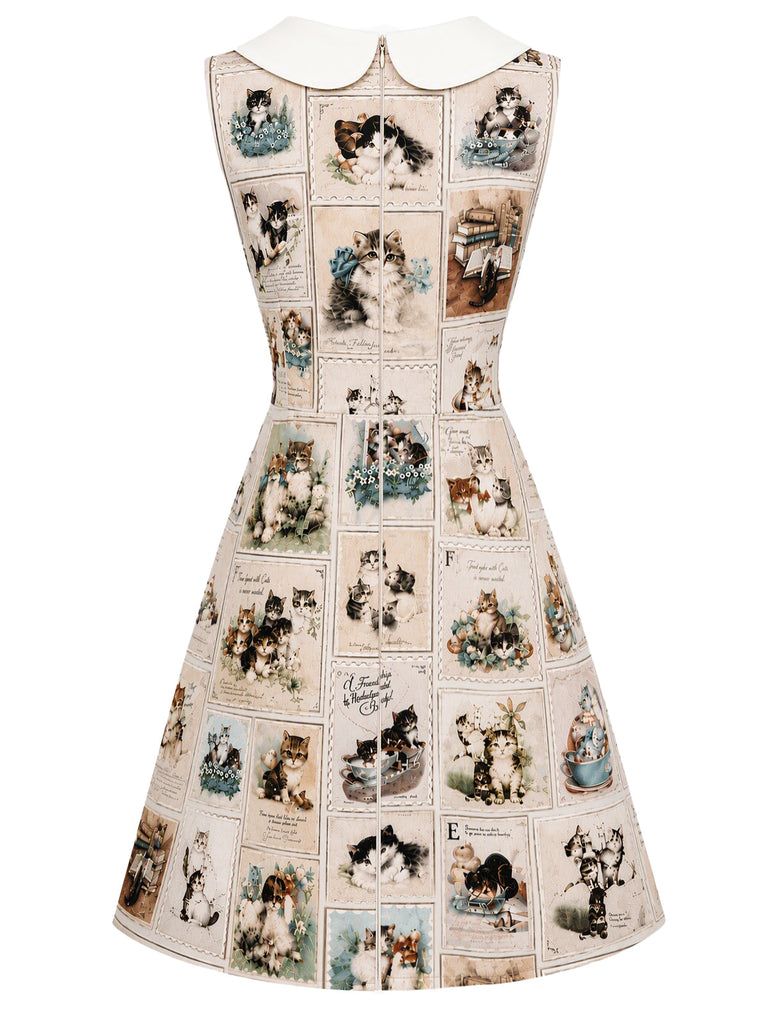 Beige 60er Kleid mit Katzen-Postkarten-Print und Peter-Pan-Kragen