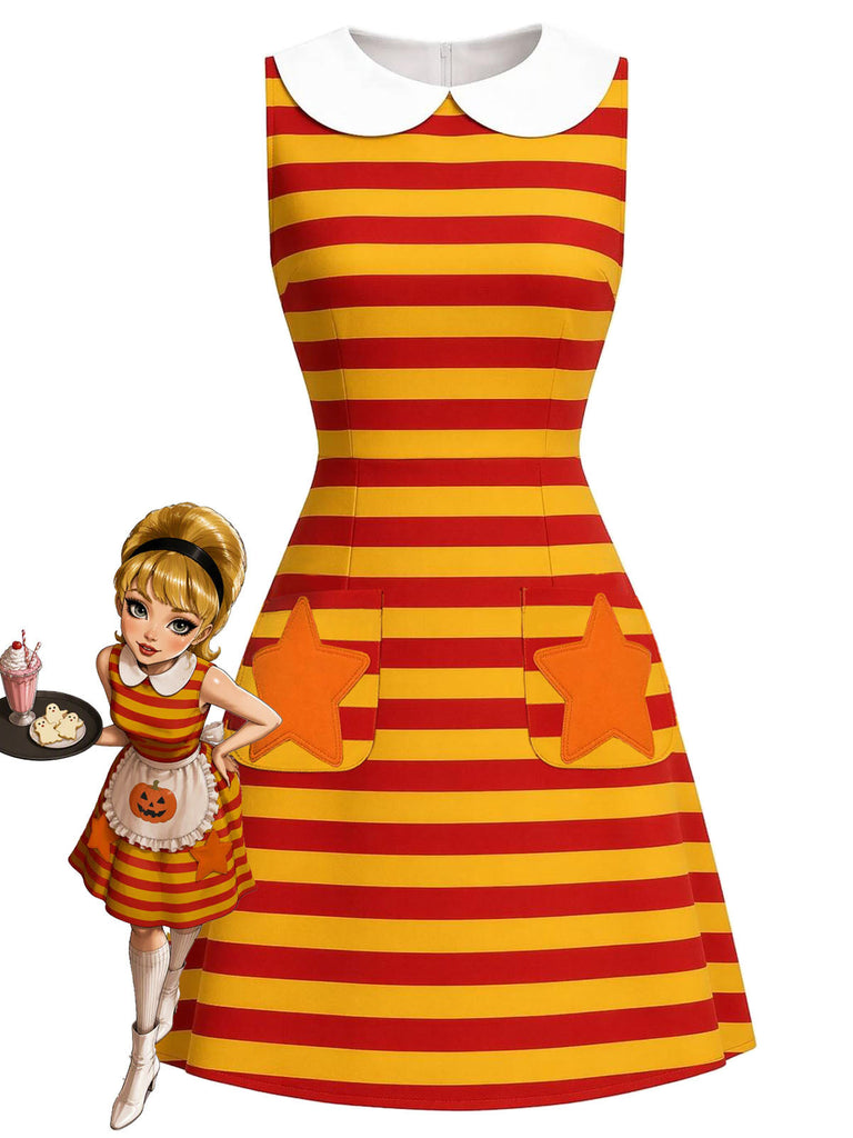60er A-Linien-Kleid mit Streifen und Sternentaschen