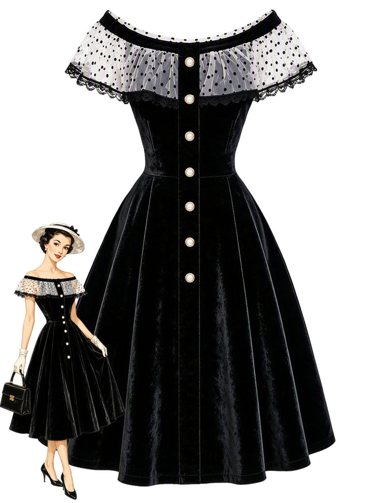 Schwarzes 50er schulterfreies Samtkleid mit Polka-Dots