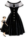 Schwarzes 50er schulterfreies Samtkleid mit Polka-Dots