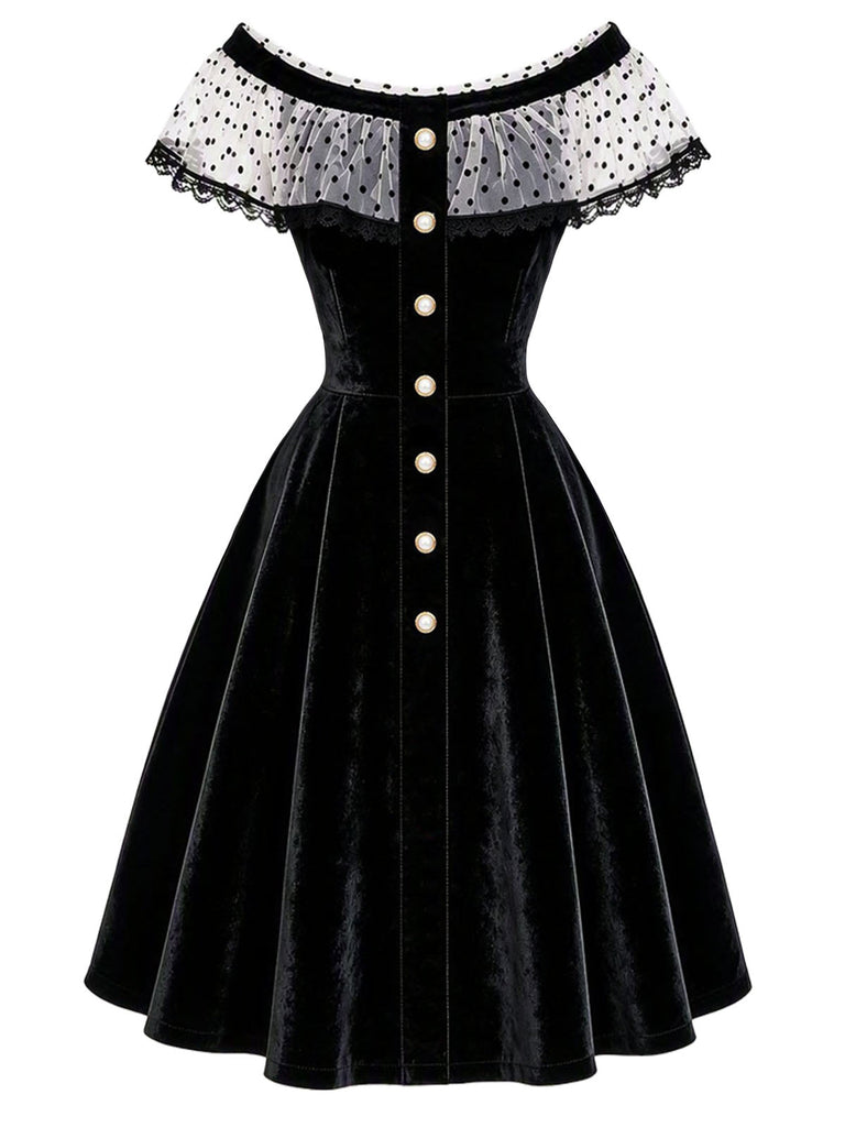 Schwarzes 50er schulterfreies Samtkleid mit Polka-Dots