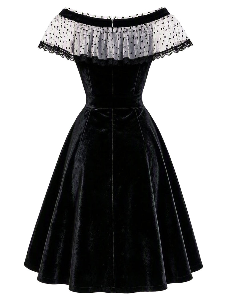 Schwarzes 50er schulterfreies Samtkleid mit Polka-Dots