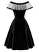 Schwarzes 50er schulterfreies Samtkleid mit Polka-Dots