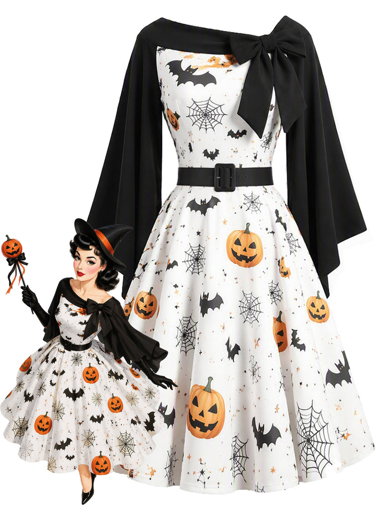 50er Cape-Kleid mit Kürbis-Fledermaus-Spinnennetz-Print