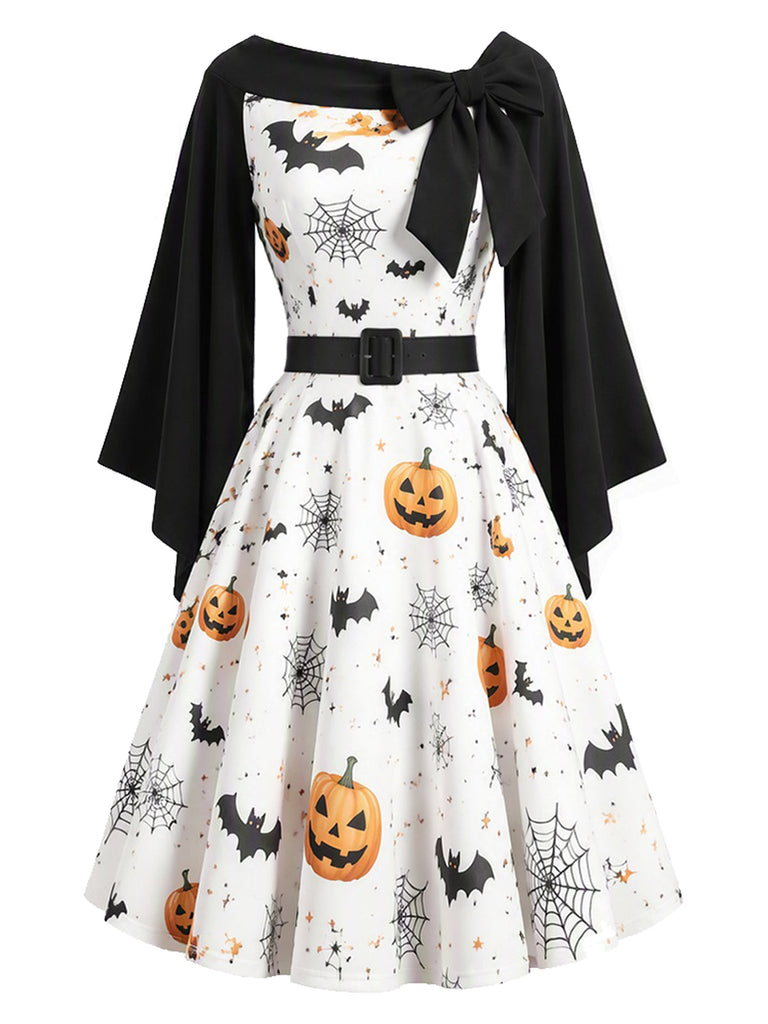 50er Cape-Kleid mit Kürbis-Fledermaus-Spinnennetz-Print