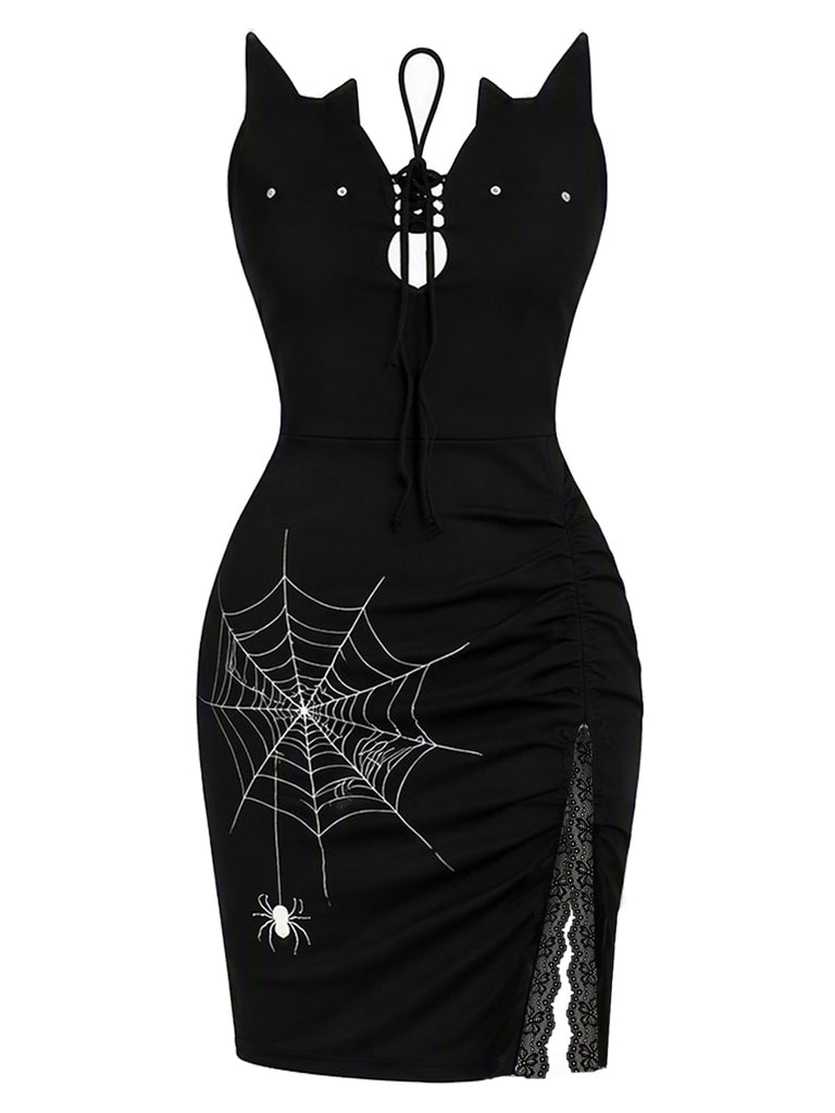 90er Katzenohren-Kleid mit Spinnennetz-Print und Schlitz