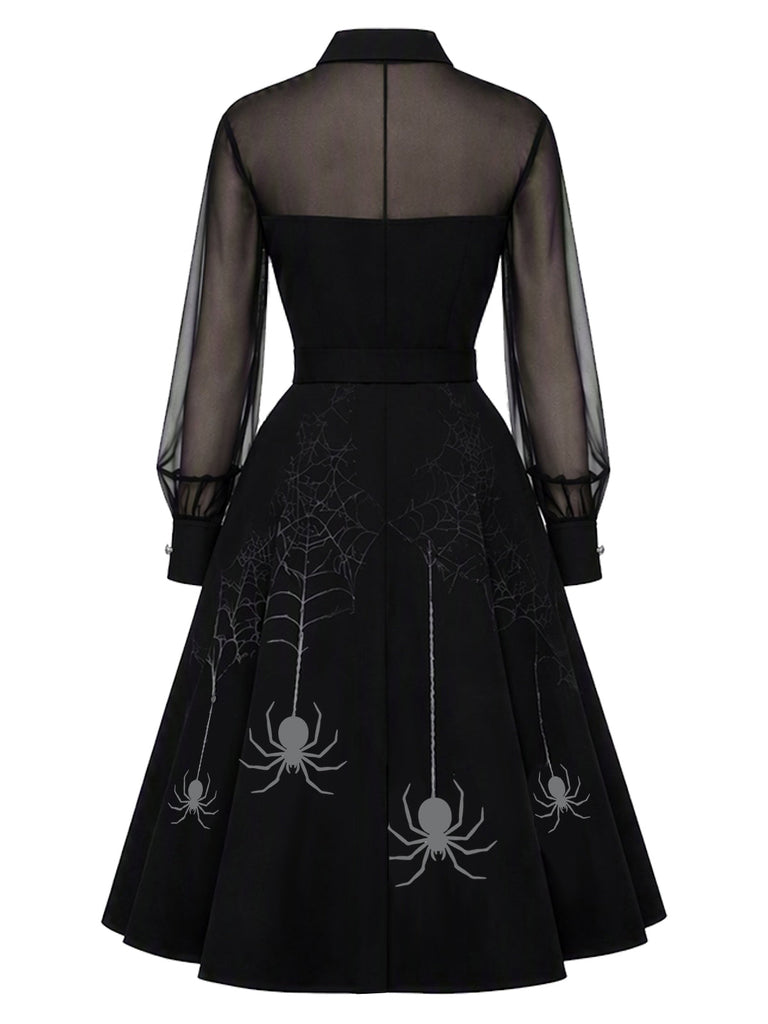 Schwarzes 50er Kleid mit Spinnennetz-Print und Mesh-Patchwork