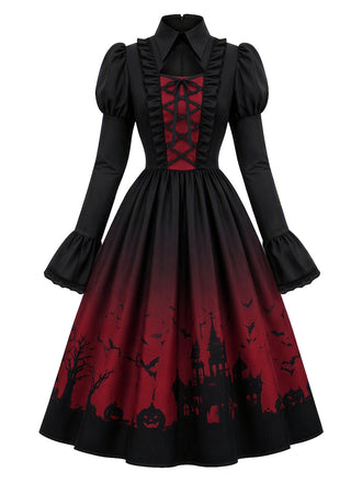 50er Gothic Kleid mit Fledermausprint und Schnürung