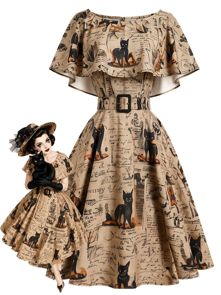[Vorverkauf] 50er Capeletkleid mit Katzen-Zeitungsprint und Gürtel