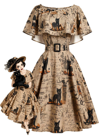 [Vorverkauf] 50er Capeletkleid mit Katzen-Zeitungsprint und Gürtel