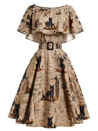 [Vorverkauf] 50er Capeletkleid mit Katzen-Zeitungsprint und Gürtel