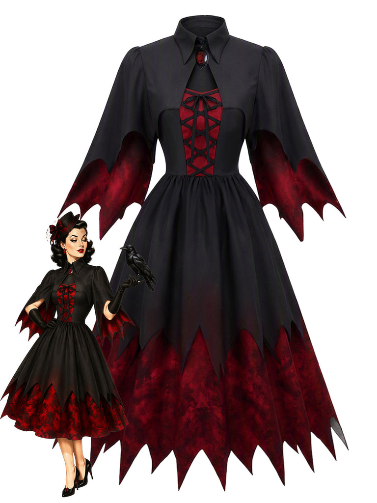 50er Vampirkleid mit Fledermausärmeln und Zackensaum