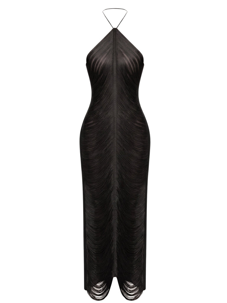 Goldenes 30er Neckholder-Maxi-Abendkleid mit Fransen und Rückenschlitz