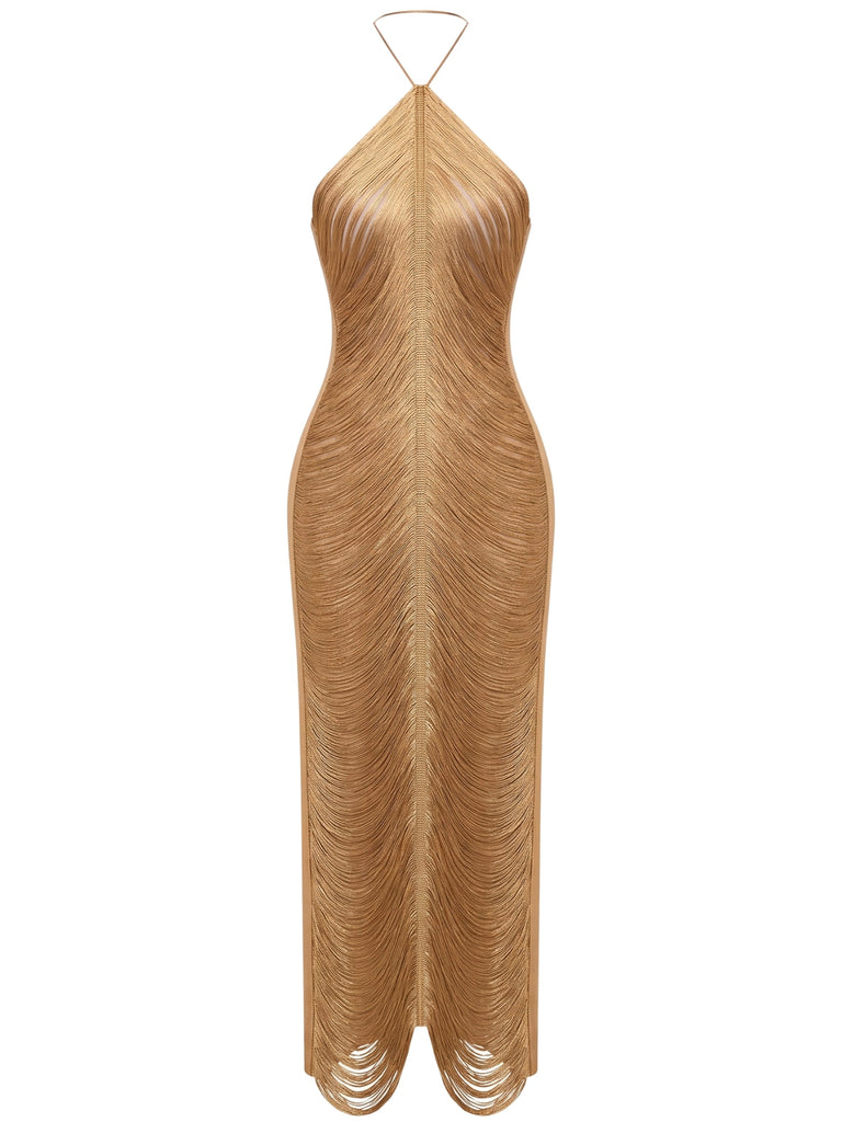 Goldenes 30er Neckholder-Maxi-Abendkleid mit Fransen und Rückenschlitz