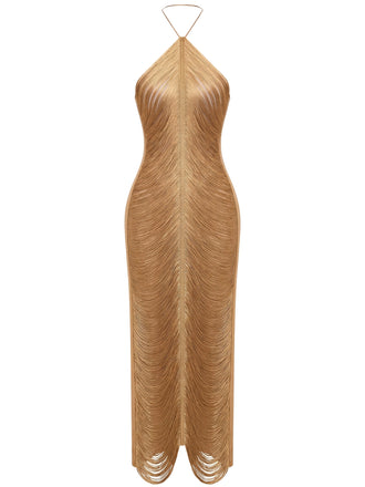 Goldenes 30er Neckholder-Maxi-Abendkleid mit Fransen und Rückenschlitz