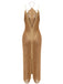Goldenes 30er Neckholder-Maxi-Abendkleid mit Fransen und Rückenschlitz