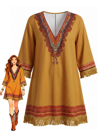 Braunes 70er Boho Kleid mit V-Ausschnitt und Fransen