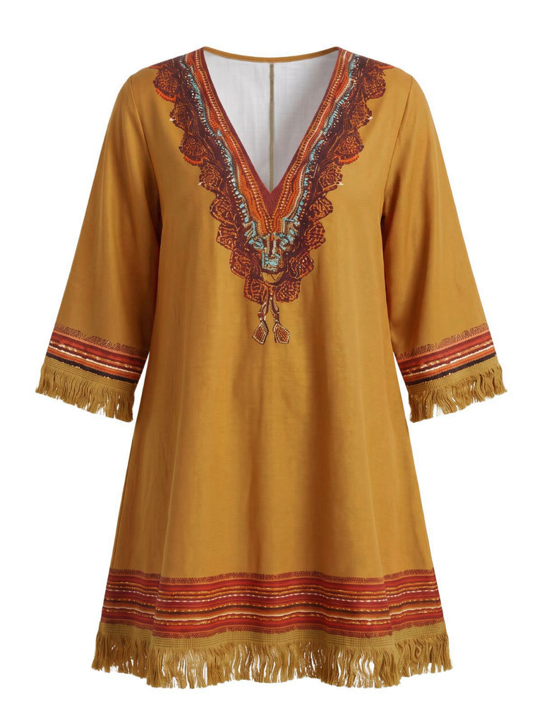 Braunes 70er Boho Kleid mit V-Ausschnitt und Fransen