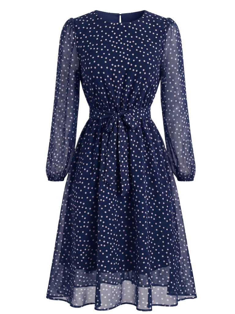 Bordeauxrotes 40er Chiffonkleid mit Polka-Dots und Bindegürtel