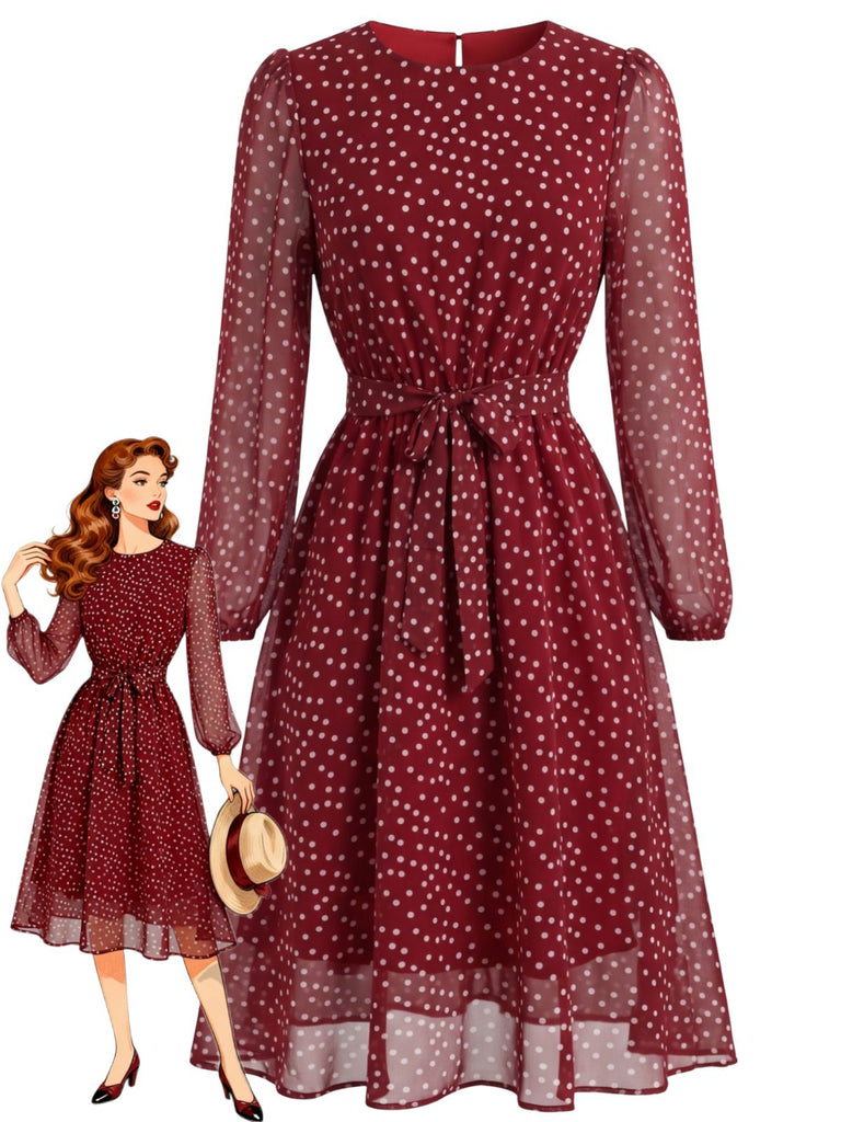 Bordeauxrotes 40er Chiffonkleid mit Polka-Dots und Bindegürtel