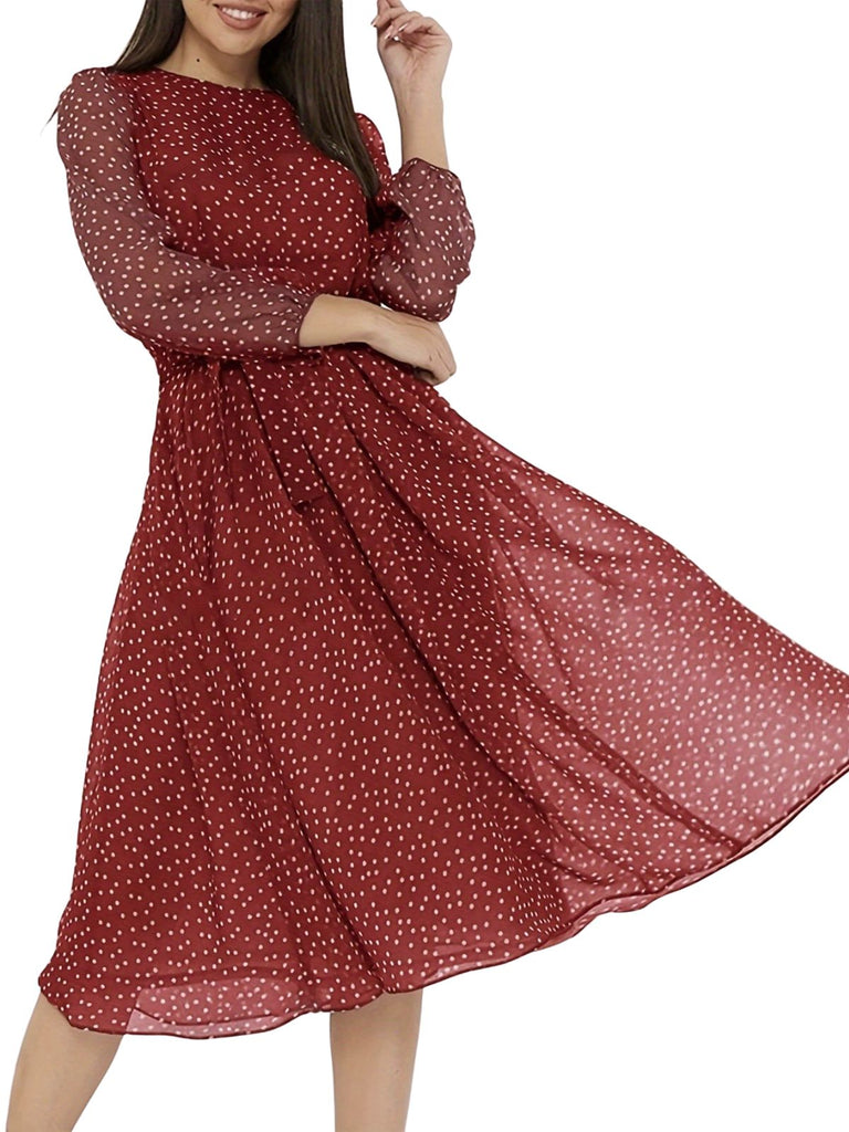 Bordeauxrotes 40er Chiffonkleid mit Polka-Dots und Bindegürtel