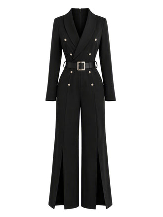 50er zweireihiger Jumpsuit mit Reverskragen, Gürtel und Beinschlitzen