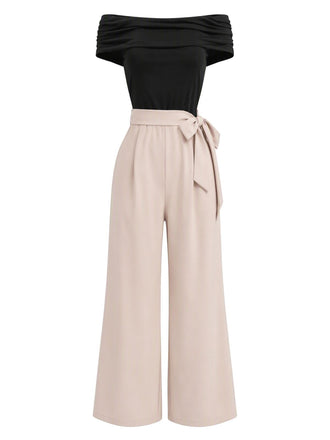 Schwarzer & Khaki 50er schulterfreier Jumpsuit mit Gürtel