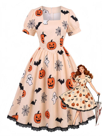 50er Halloween Kleid mit Kürbis-Print und eckigem Ausschnitt