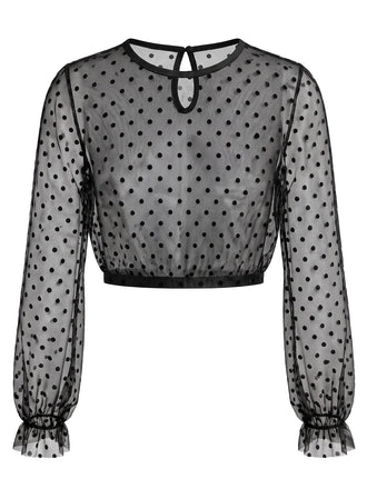 50er Mesh-Crop-Top mit Polka-Dots und Rüschenärmeln