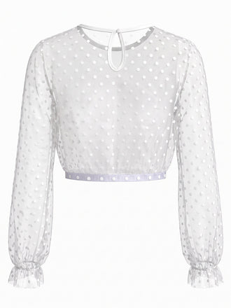 50er Mesh-Crop-Top mit Polka-Dots und Rüschenärmeln