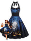 50er Halloween Neckholder-Swingkleid mit Kürbis- und Fledermaus-Print