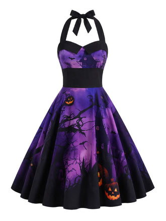50er Halloween Neckholder-Swingkleid mit Kürbis- und Fledermaus-Print