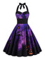 Lila 50er Halloween Neckholder-Swingkleid mit Kürbis- und Fledermaus-Print