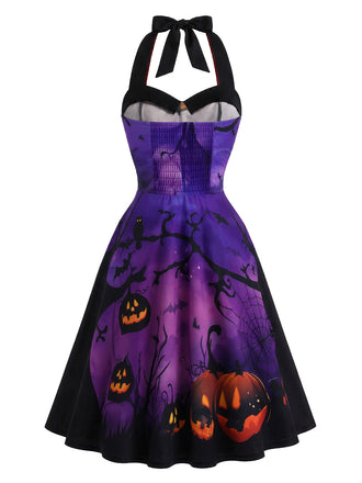 50er Halloween Neckholder-Swingkleid mit Kürbis- und Fledermaus-Print