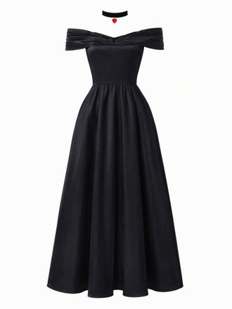 Schwarzes 70er Joker-Queen Maxikleid mit schulterfreiem Schnitt