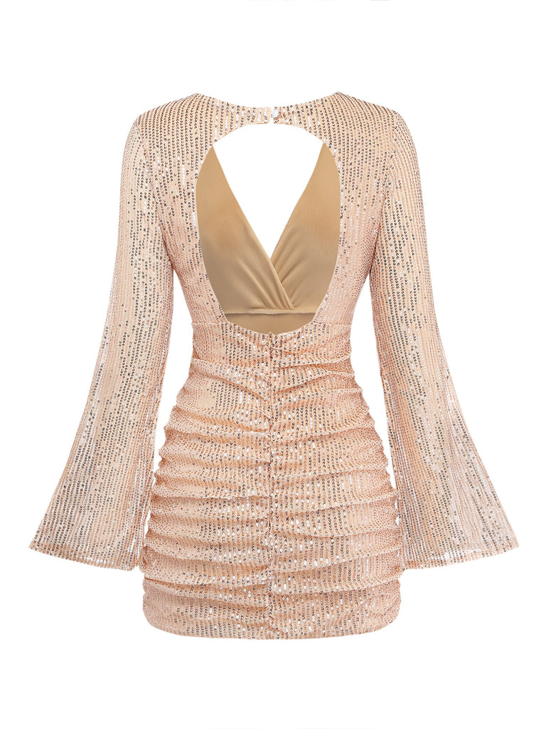 60er Pailletten-Bodycon-Kleid mit V-Ausschnitt, Raffung und offenem Rücken