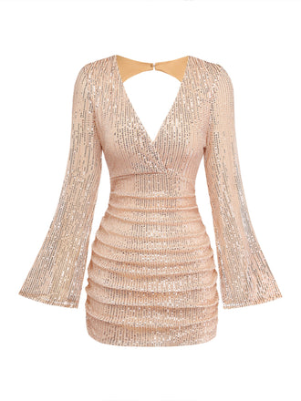 60er Pailletten-Bodycon-Kleid mit V-Ausschnitt, Raffung und offenem Rücken
