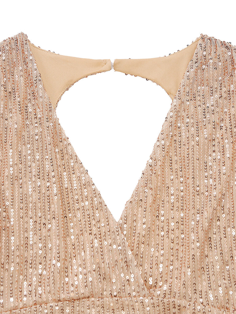 60er Pailletten-Bodycon-Kleid mit V-Ausschnitt, Raffung und offenem Rücken