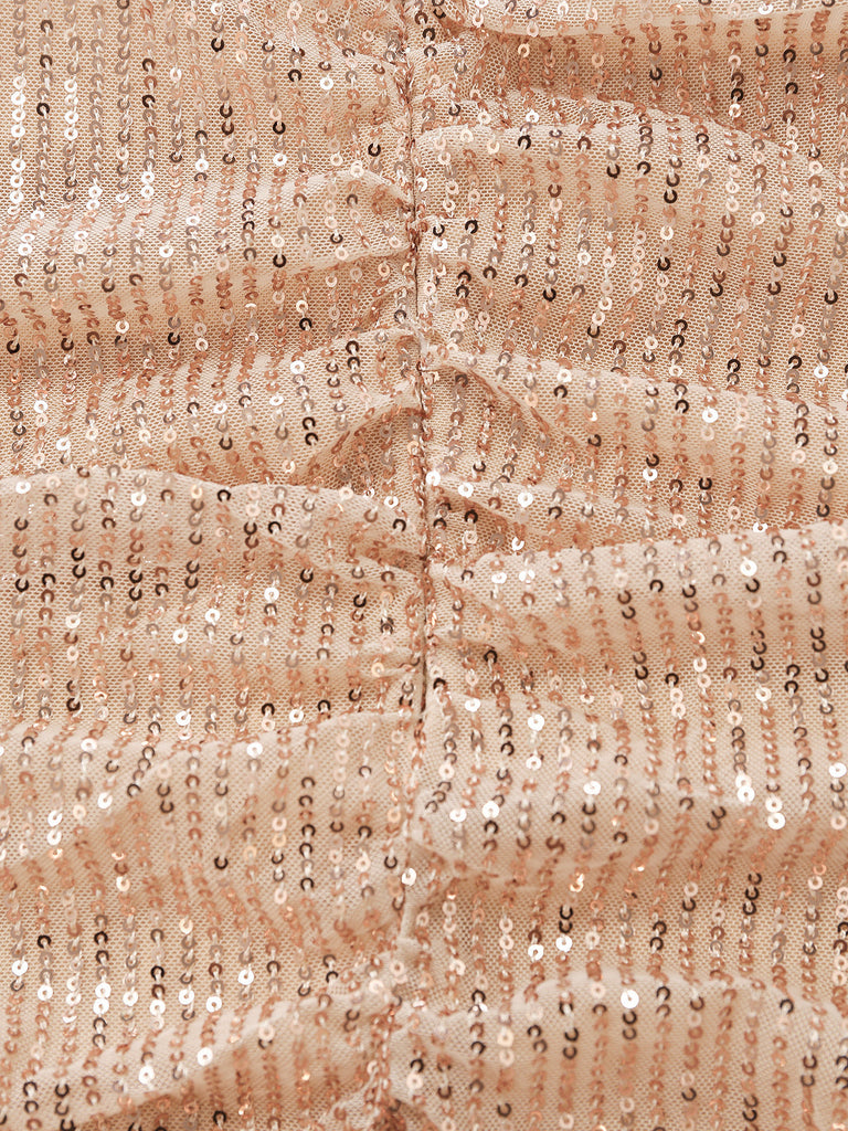 60er Pailletten-Bodycon-Kleid mit V-Ausschnitt, Raffung und offenem Rücken
