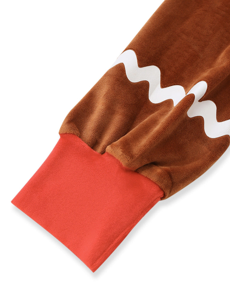 Brauner 60er Lebkuchen-Jumpsuit mit Kapuze und Reißverschluss