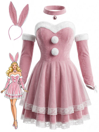 Rosa 50er trägerloses Hasen-Cosplay-Set mit Samt