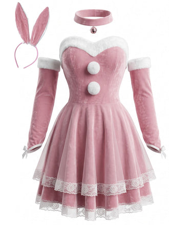 Rosa 50er trägerloses Hasen-Cosplay-Set mit Samt