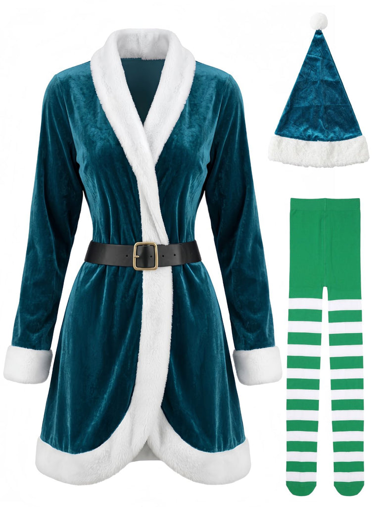 60er Weihnachts-Minikleid aus Samt mit Plüschbesatz