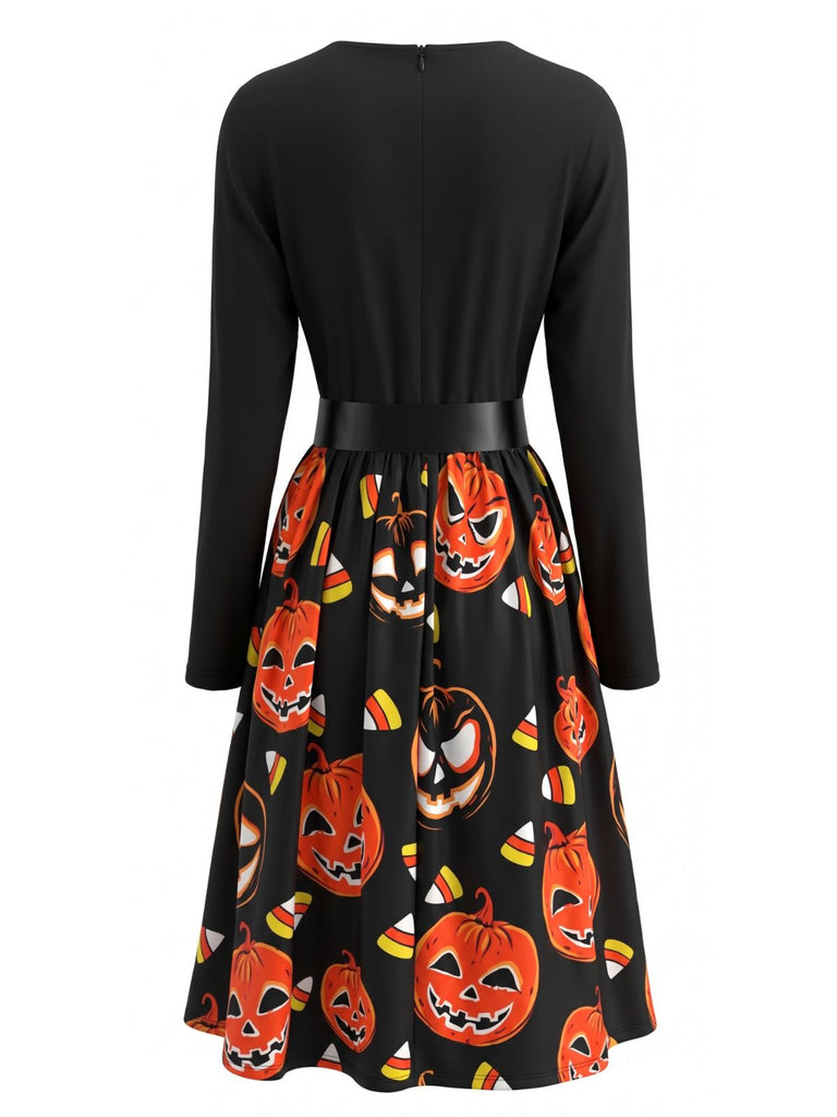 50er Halloween-Swingkleid mit Kürbis-Print und Blütenkragen
