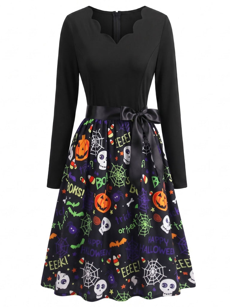 50er Halloween-Swingkleid mit Kürbis-Print und Blütenkragen