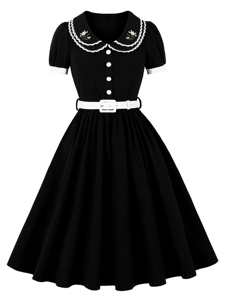 50er Swingkleid mit Blumenstickerei und Peter-Pan-Kragen