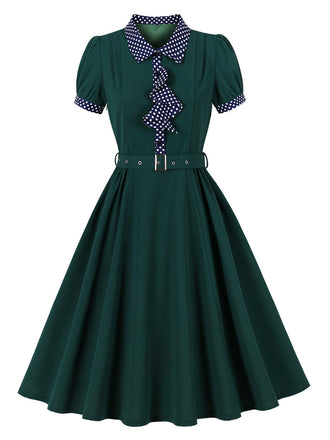 Grünes 50er Swingkleid mit Polka-Dots und Puffärmeln