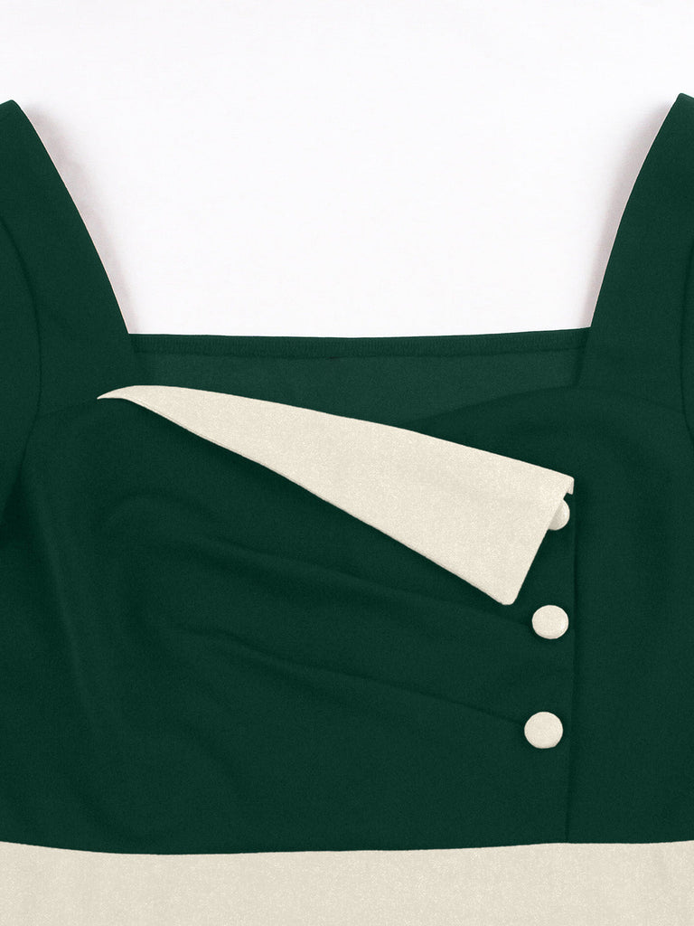 Grünes 50er Colorblock-Kleid mit Karree-Ausschnitt und Halbärmeln